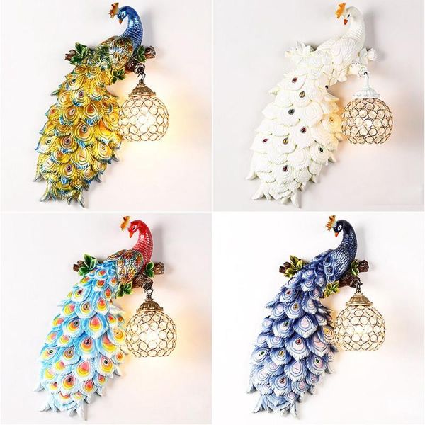 

wall lamp luxury european resin peacock living room light hallway corridor crystal shade bedroom bedsides balcony