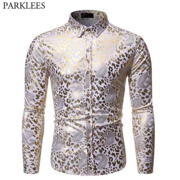 

men's shiny gold paisley print white dress shirts brand long sleeve nightclub wear shirt male party wedding stage chemi 210522, White;black