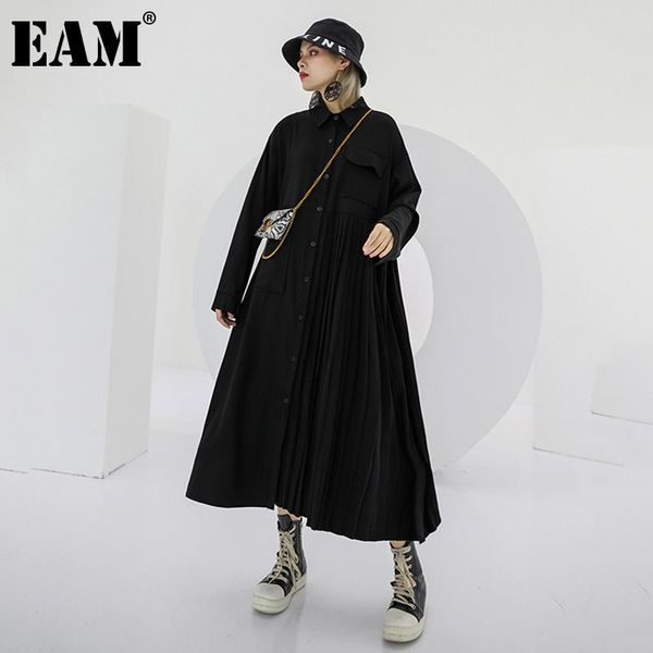 

casual dresses [eam] women black pleated big size long dress lapel sleeve loose fit fashion tide spring autumn 2021 1db482, Black;gray