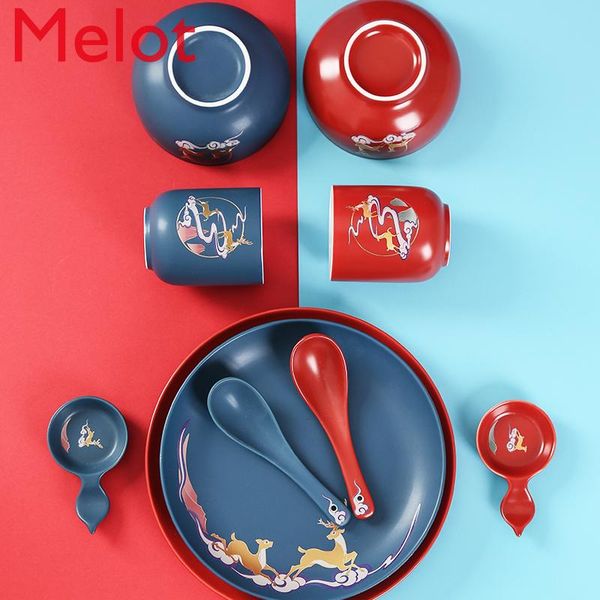 

set of dishes for home use guochao ceramic couple tableware bowls and plates