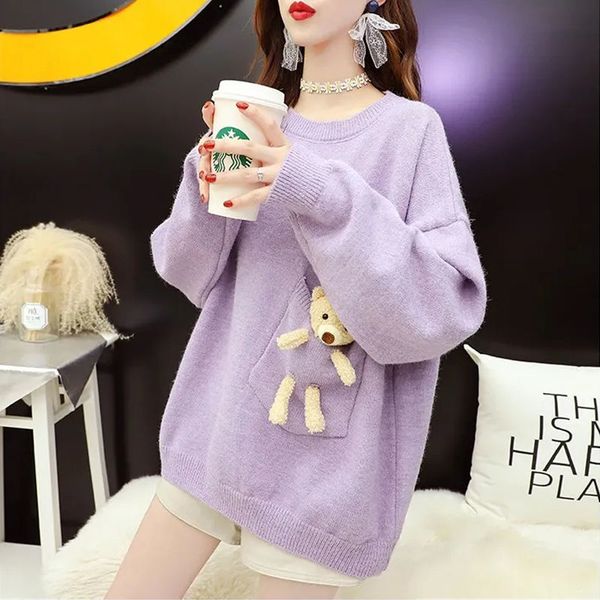 

women's sweaters pull femme sweater loose winter , women round turtlenecks, plus size, yellow, female , cute, cartoon bear, 06v5, White;black