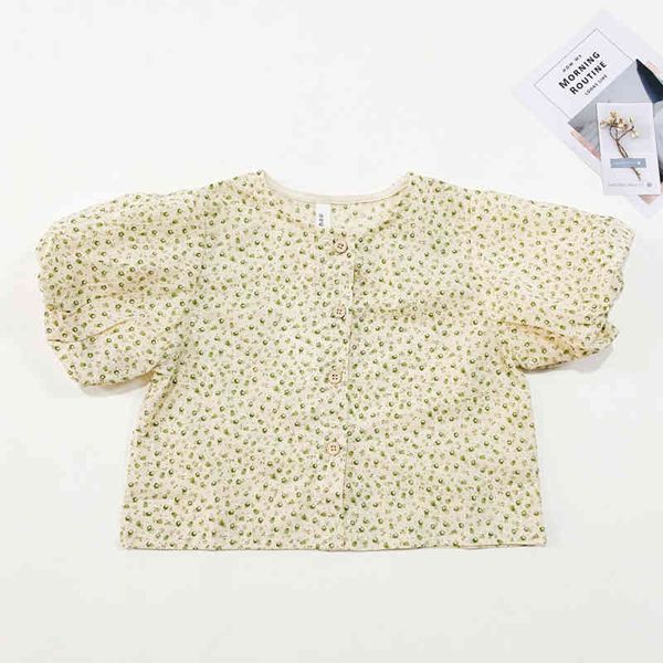 

puff sleeve girls shirt casual fashion flower print kids clothes summer cute blouse 1-5y 210515, White;black