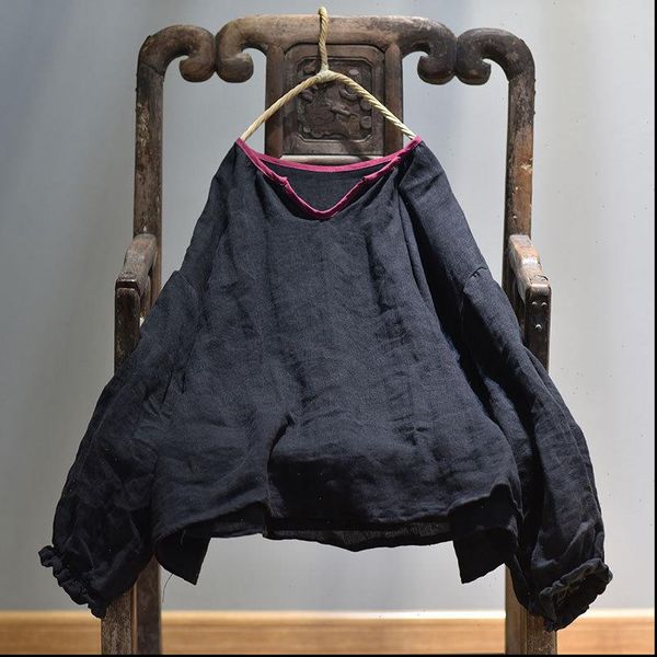 

women spring blouses linen blouse ladies vintage solid color retro lantern sleeve plus size shirt summer flax, White