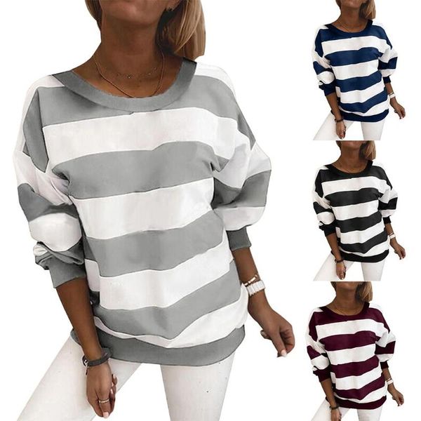 

women's hoodies & sweatshirts women fashion o neck long sleeve stripes print loose pullover blouse sweatshirt, Black