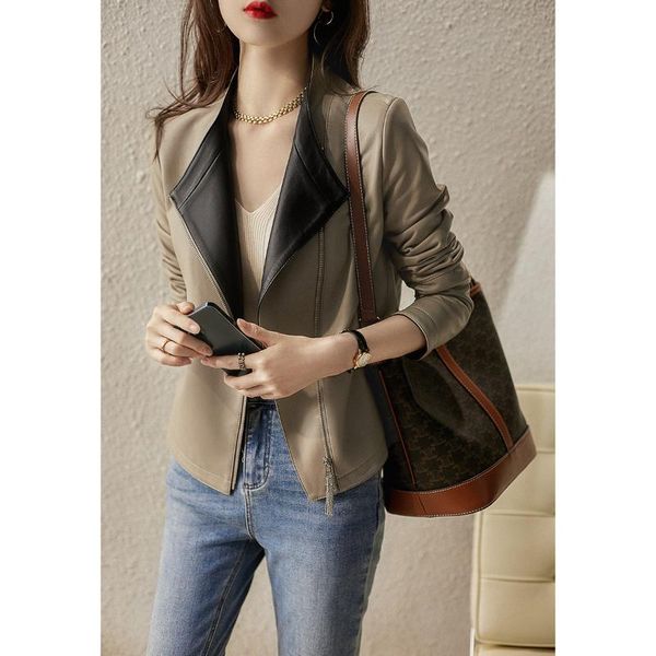 

women's leather & faux contrast color temperament coat woman, Black