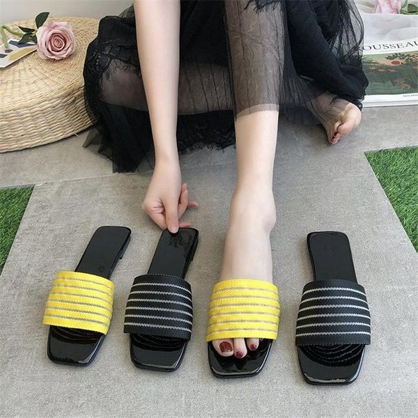

slippers 2021 summer striped low-heeled korean style outer wear fashion ladies one font, Black