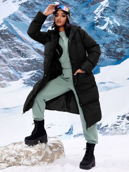 

dual pockets zip-up drawstring detail hooded puffer coat 98ju#, Black