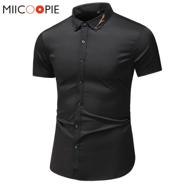 

korean dress shirt men 2020 casual neckline embroidery short sleeve business office white blue black slim male social shirts 7xl kg-311, White;black