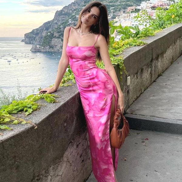 

casual dresses wsevypo backless split bodycon dress summer party elegant women's spaghetti straps maxi vestidos sundress printed clothe, Black;gray