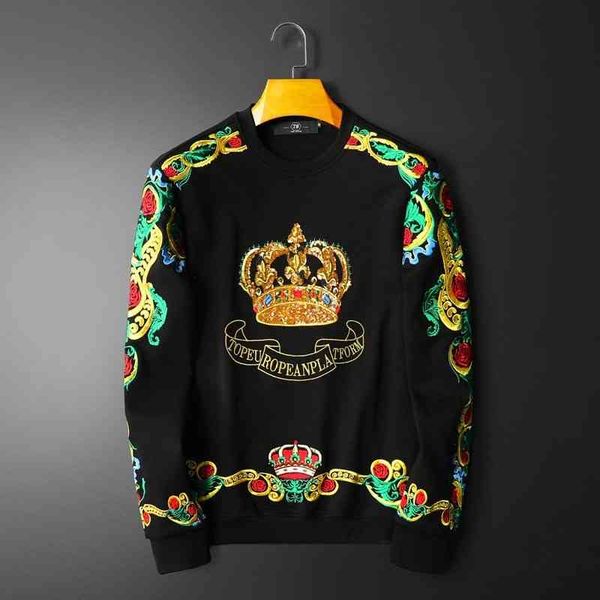 

2021 autumn new heavy craft embroidery crown hoodie men's trend male casual long-sved pullover hoody high quality, Black