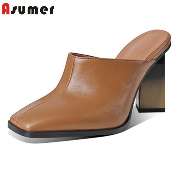 

asumer 2021 est shoes women slipper square toe solid colors vintage high heels spring summer classic ladies slippers, Black