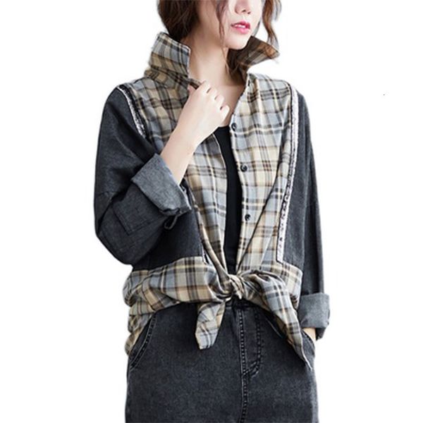 

shorts arrival spring autumn arts style women long sleeve loose shirts denim patchwork plaid casual blouse plus size m683 nk4u, White;black