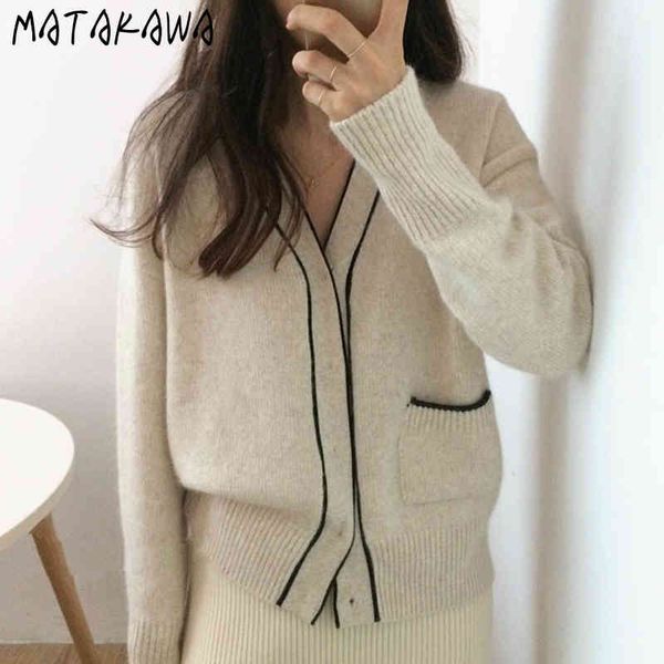 MATAKAWA Herbst Retro Temperament V-Ausschnitt Pullover Grenzfarbe weiche hautfreundliche lose langärmelige Strickjacke Strickpullover 210513