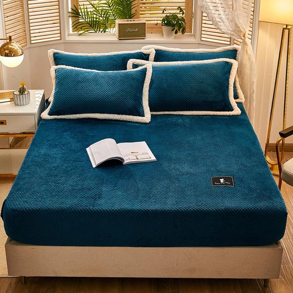 

sheets & sets blue solid color flannel bed winter warm plush fitted sheet soft mink cashmere linen mattress cover elastic bedspread