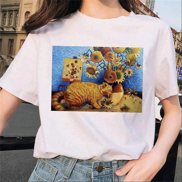 

fashion tshirt womens t shirts women art oil painting lattice print cute female shirt casual harajuku funny tee, White