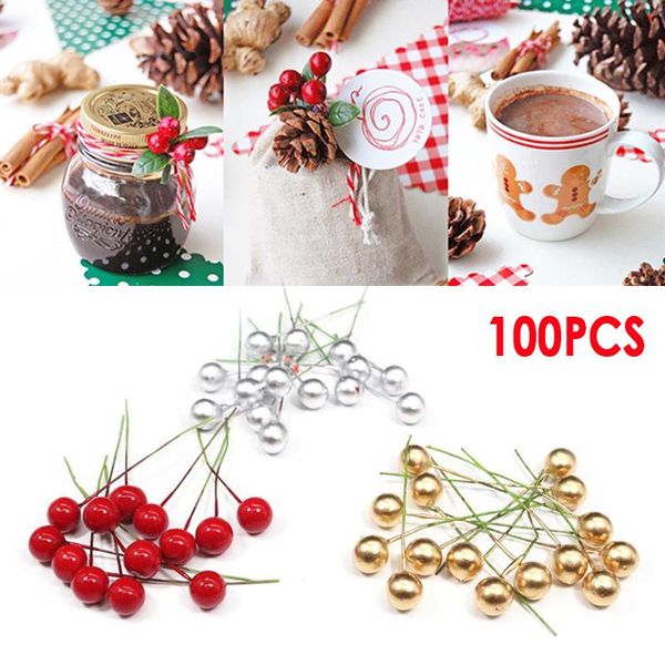 

100pcs christmas red holly berries artificial decoration on wire bundle garland wreath simulation foam cherry diy decorative flowers & wreat
