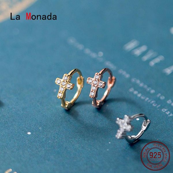 

hoop & huggie la monada cross earrings for women silver 925 fine jewelry sterling inlay, Golden;silver