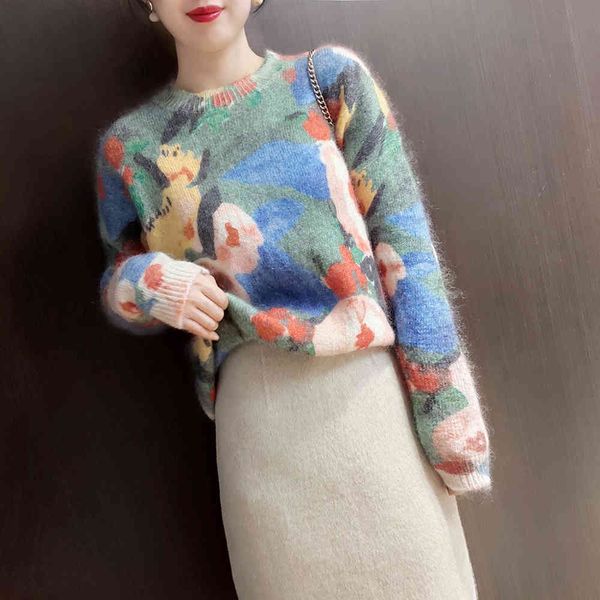 

sweater 2021 autumn winter oil painting printing color loose and thin knitted wool ktvf, White;black