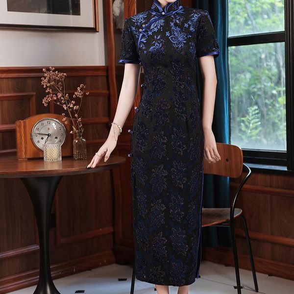 

ethnic clothing 2021 chinese style vintage flocking jacquard cheongsam women traditional long robe short sleeve qipao vestidos, Red