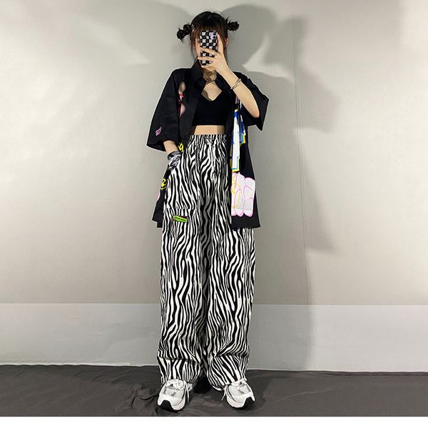 

hip hop pants women high street zebra-print harajuku teens trousers oversized preppy ins vintage all-match pant & capr, Black;white