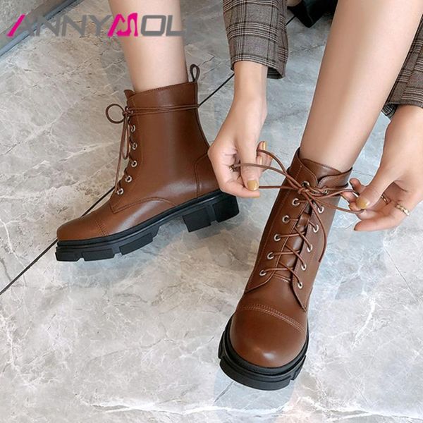 

boots annymoli ankle woman med heel motorcycle platform chunky short lace up female shoes autumn winter size 41, Black