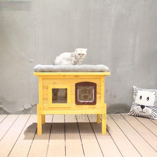 

solid wood cat's nest outdoor waterproof and leak-proof pet house puppy kitten tent cat villa with windows breathable beds & furniture