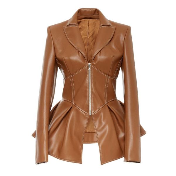 

women's leather & faux women jacket autumn winter lapel zipper long sleeve ruffles coat streetwear, Black