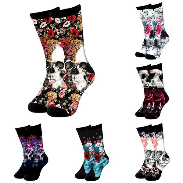 

men's socks skull dance with girl rose 3d fashion long high cycling casual novelty men women cotton funny colorful leg calf cotton-2, Black