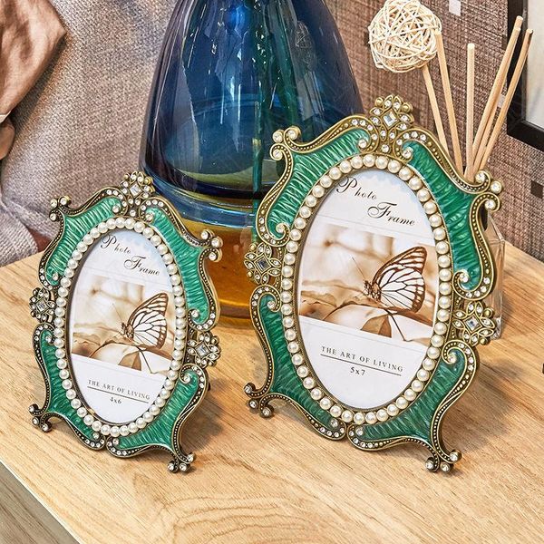 

retro copper picture frames green enamel decorative oval frame pearl decor bedroom bedside po organizer home decoration