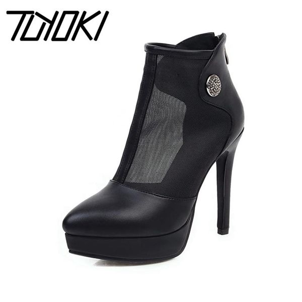 

boots tuyoki women shoes ankle pointed toe zipper summer metal decoration thin high heel female footwear size 33-43, Black