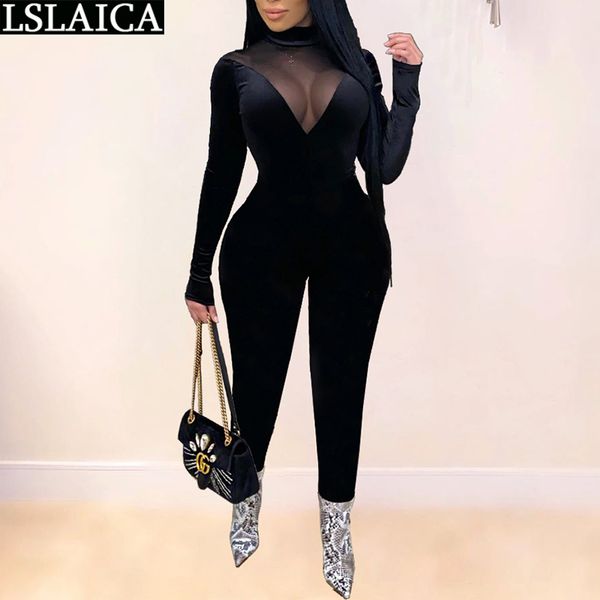 Macacão Mulheres Casuais Sexy Mesh Perspectiva Perspectiva Slim Night Club Moda Bodysuit Manga Longa Bodys Para Mujer 210520