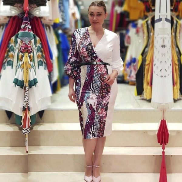 

ethnic clothing african pencil dresses women v neck slim mid calf length flare sleeve fashion splice elegant office lady dress, Red