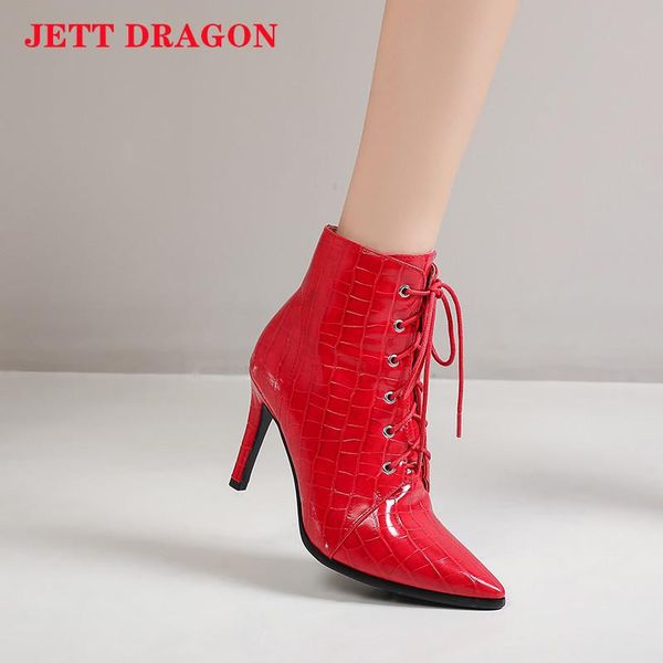 

boots 2021 faux leather women autumn high heel ankle pointed toe lace up zipper fashion fur plush winter, Black