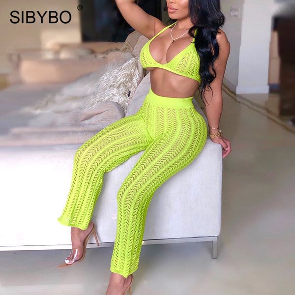 

sibybo knitted hollow out two piece set women halter high waist summer crop and pants set beachwear backless women set, Black;white