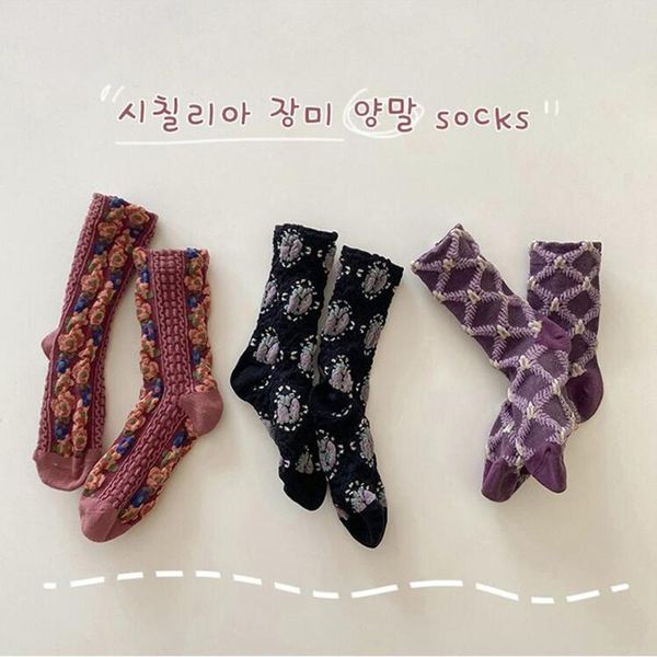 

socks vintage sicily rose embroidery kids knee high spring toddler girls dress children sports uniform, Pink;yellow