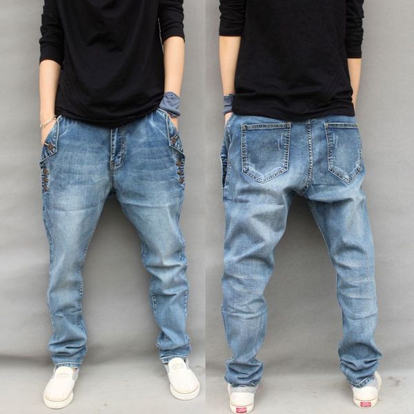 

men's jeans baggy jogger casual elastic harem hip hop taper pants men street trousers legging plus size 6xl m01, Blue