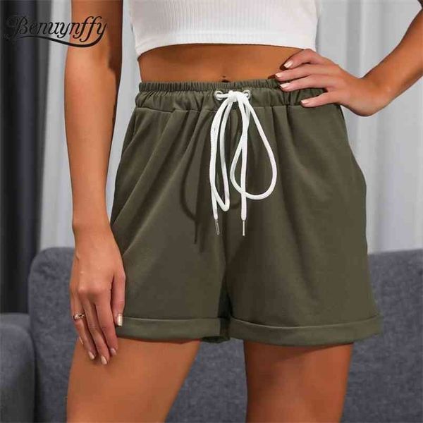 

mid waist solid drawstring shorts female pocket loose casual women fashion summer clothes ladies bottoms 210510, White;black
