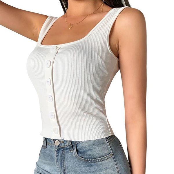 

women's tanks & camis 2021 fashion basic women short sleeve crop button vest halter casual white black tank blouse shirt