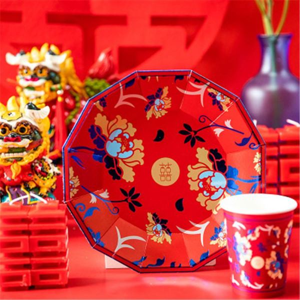 

disposable dinnerware chinese style red print tableware set party paper plates birthday wedding christmas decor suppliers