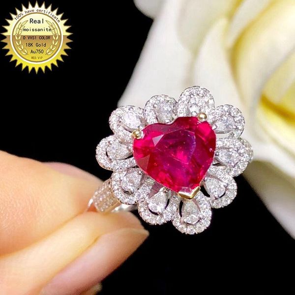 

cluster rings 10k gold ring lab created 2ct ruby and moissanite diamond with national certificate ru-003, Golden;silver