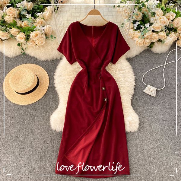 

loveflowerlife spring summer solid v neck button dress high waist fashion mid-calf women party dresses 210521, Black;gray