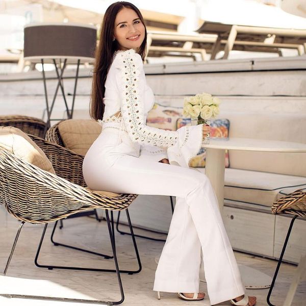 

women's two piece pants 2021 autumn hollow lace bubble long-sleeved high-waist flared trousers bodycon 2-piece set elegant women fashio, White