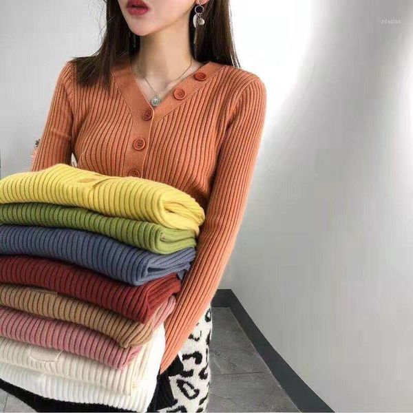 

women's sweaters for autumn / winter 2021, it can be used as a fit v-neck knitted sweater with button decoration and solid inside, White;black