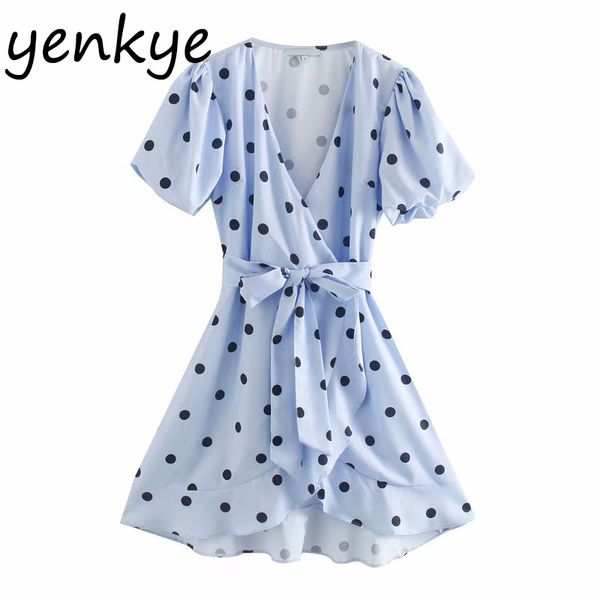 

sweet summer dress women vintage polka dot wrap dress elegant female v neck short sleeve a-line mini ruffle dress xnwm9509 210515, Black;gray