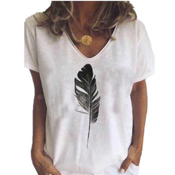 

women's t-shirt plus size tee t shirt casual v-neck pullovers feather print short sleeve t-shirts ladies summer fashion white tees