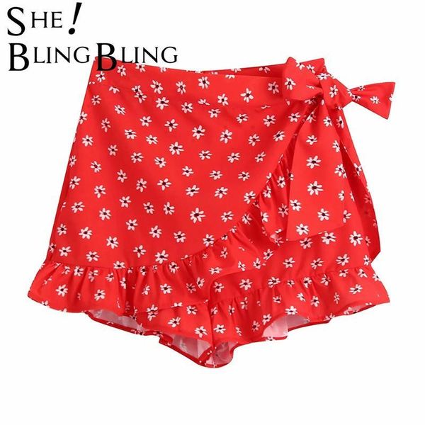 

women's shorts sheblingbling floral print casual beach skorts summer chic ruffles hem tie wrap detail zipper back women loose female re, White;black