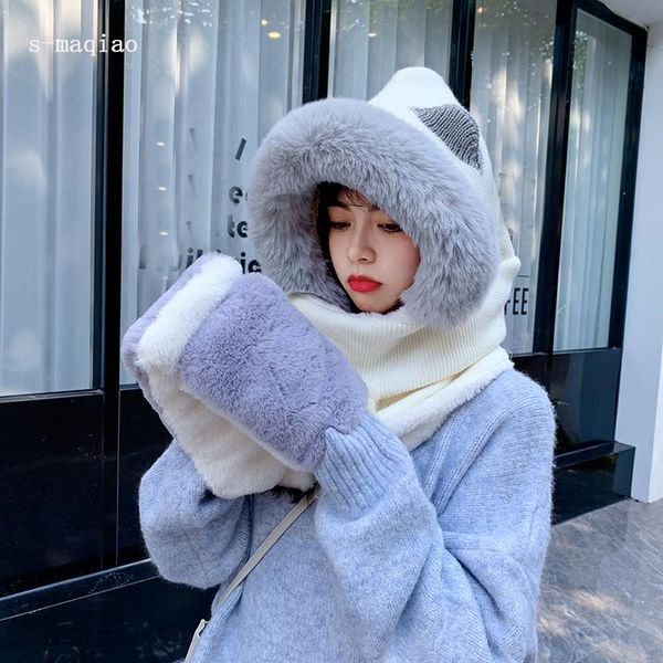 

beanie/skull caps women plush double thick knitted hat winter ear neck protection warm cap lovely girl three-in-one set hats scarf gloves, Blue;gray