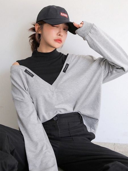 

dazy 2 in 1 letter patched cold shoulder sweatshirt a80l#, White;black