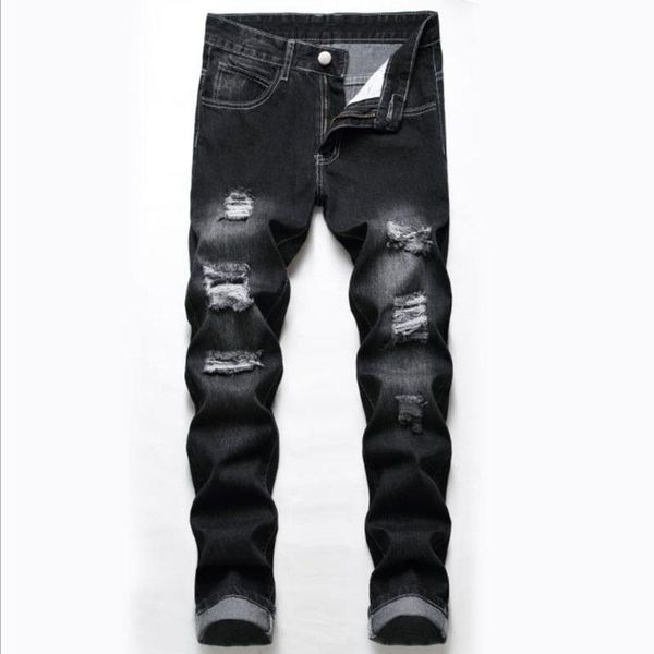

men's jeans 2021 ripped spring autumn designer slim fit black gray denim pants male distressed destroyed trousers, Blue