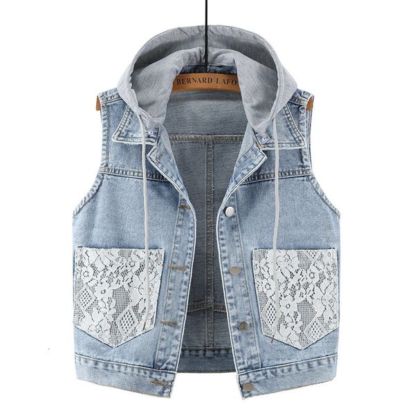 

women's jackets jackets female lace pockets hooded denim vest sleeveless jacket waistcoat single-breasted plus size jeans coat 4xl 5xl, Black;brown